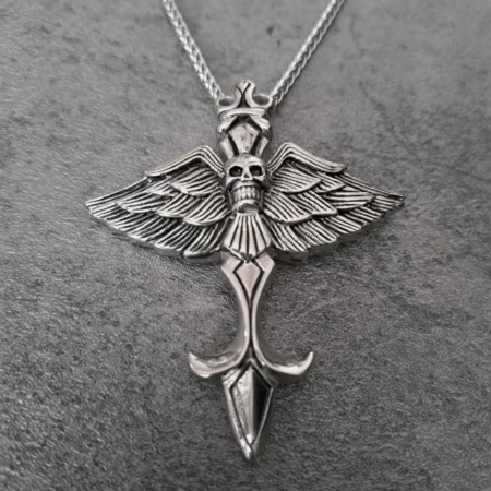 Men's large winged skull cross biker necklace antiqued silver stainless steel biker pendant front view