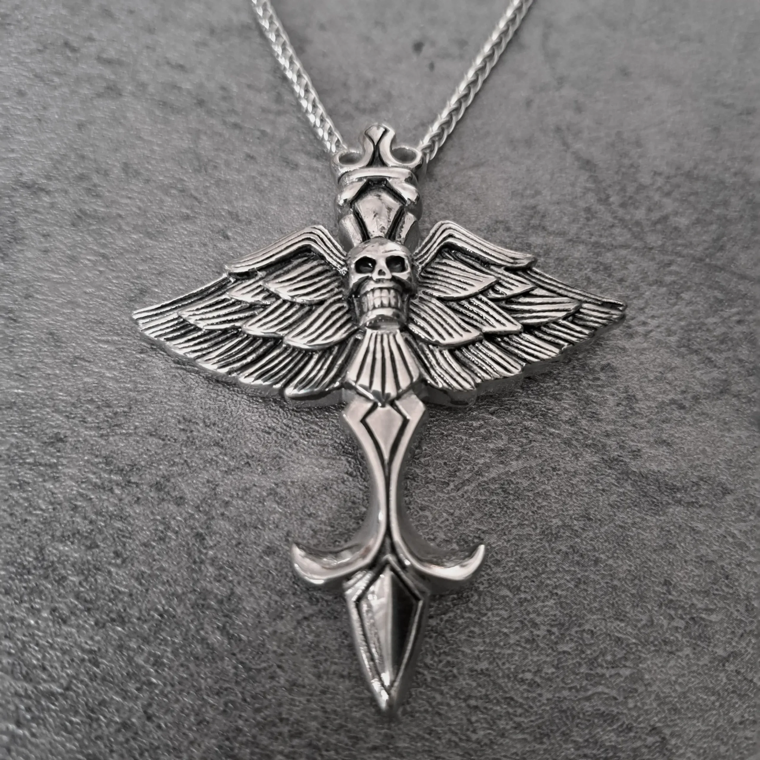 Shadow Wing Skull Cross Biker Pendant – Large Solid 316L Stainless Steel Necklace | RatRyder 1 Men's large winged skull cross biker necklace antiqued silver stainless steel biker pendant front view