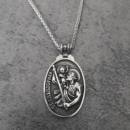 Men's St Christopher oval biker necklace antiqued silver and oxidised black stainless steel biker pendant front view