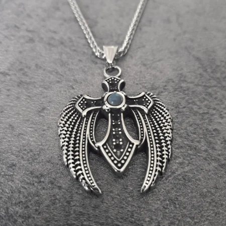 Men's turquoise angel wings cross biker necklace antiqued silver stainless steel biker pendant front view
