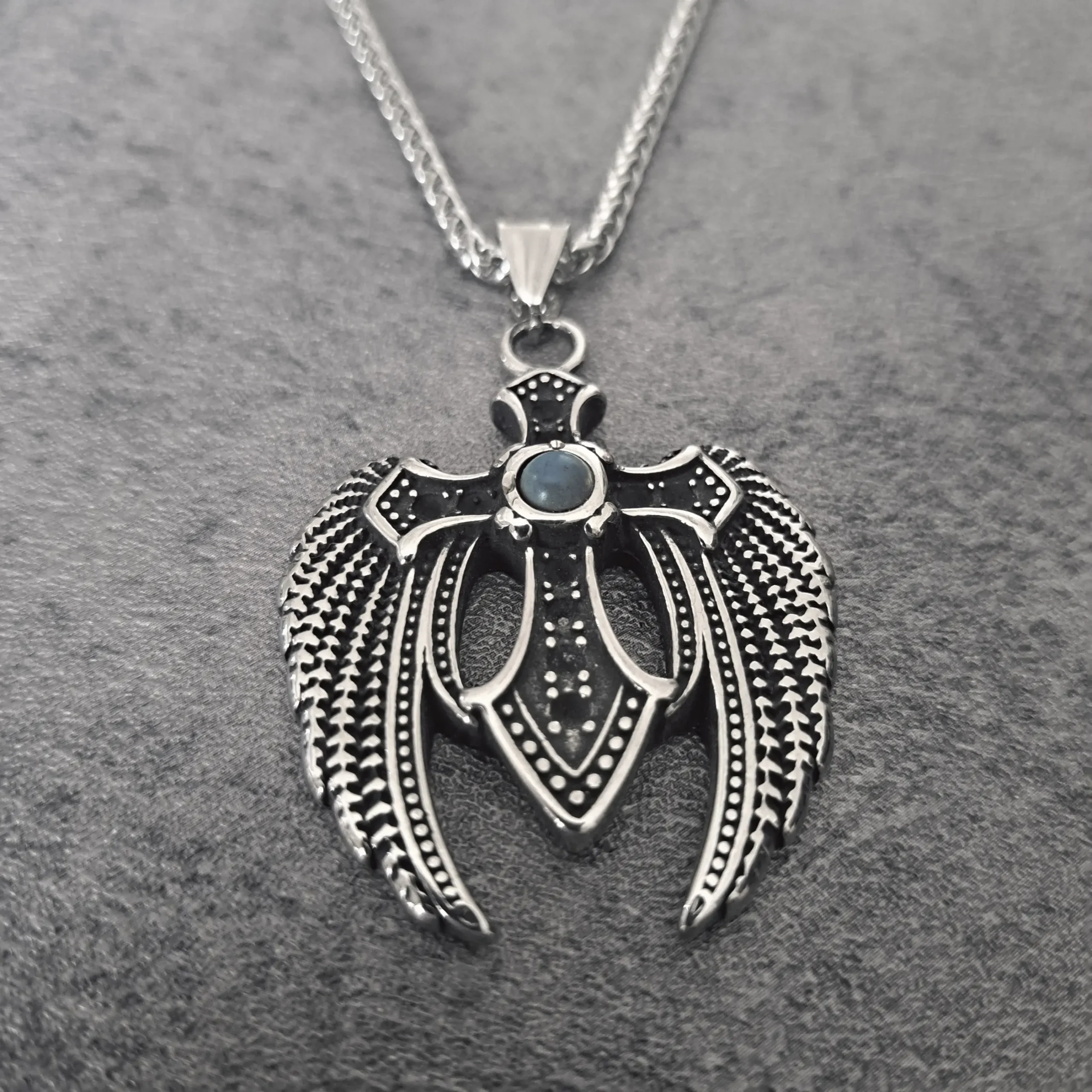 Dark Wing Turquoise Cross – Solid 316L Stainless Steel Biker Pendant | RatRyder 1 Men's turquoise angel wings cross biker necklace antiqued silver stainless steel biker pendant front view