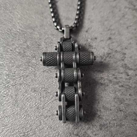 Solid 316L stainless steel motorcycle chain cross biker pendant front view
