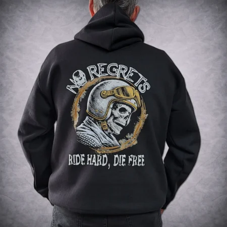 Back view of a man wearing a black motorcycle hoodie featuring a retro helmeted skull graphic with white text reading No Regrets Ride Hard Die Free.