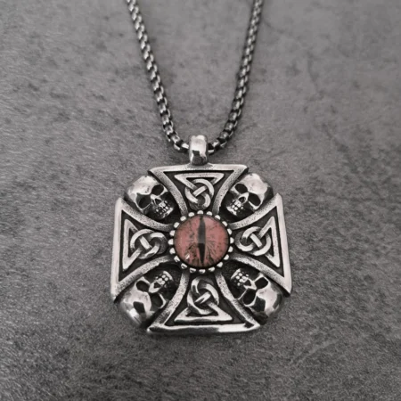 Solid 316L stainless steel red dragon eye skull Celtic cross biker pendant front view