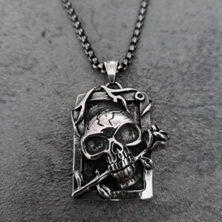 Solid 316L stainless steel skull and rose tarot card biker pendant front view