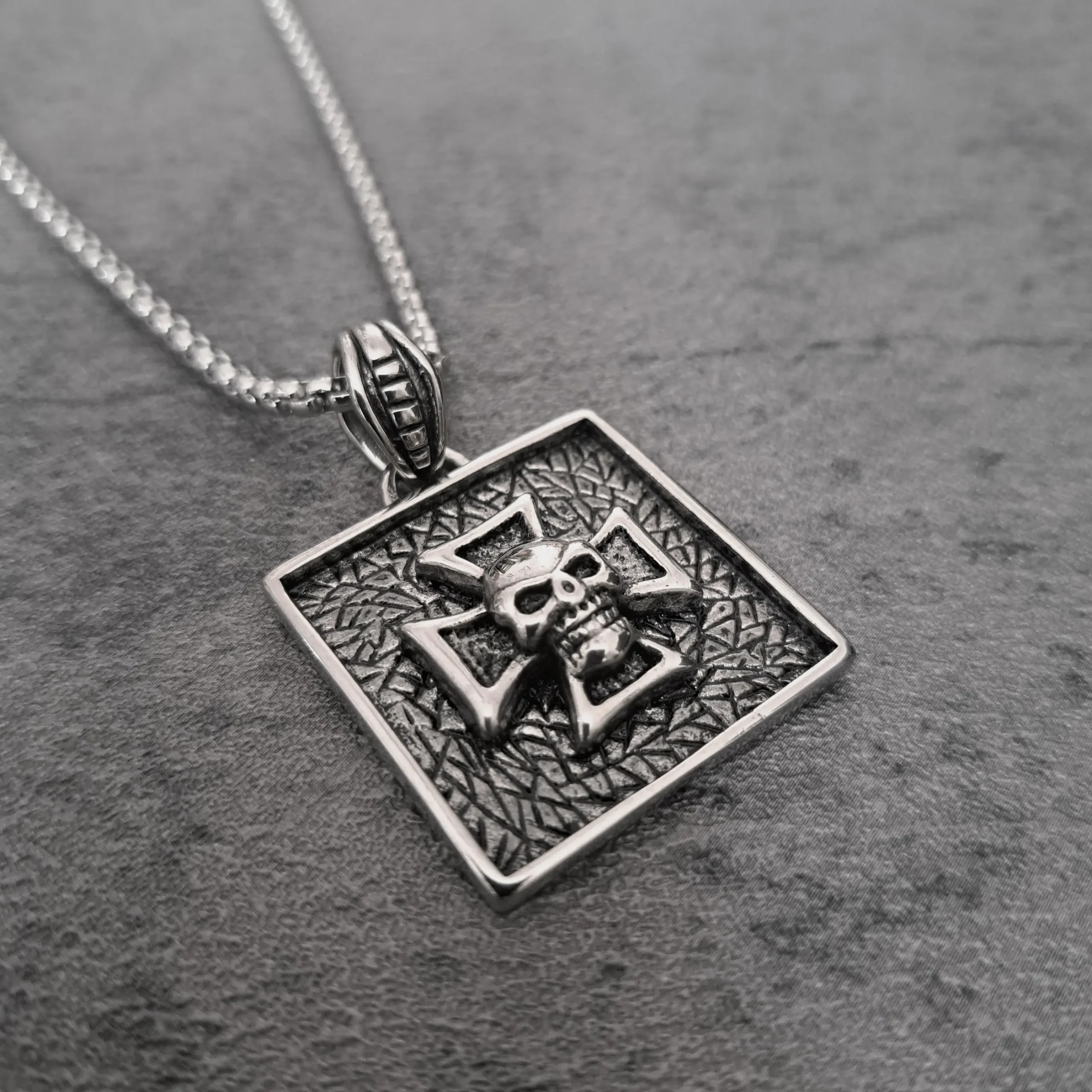 Square Iron Cross Skull – 316L Stainless Steel Biker Pendant | RatRyder 2 Angled view of square Iron Cross skull stainless steel biker pendant
