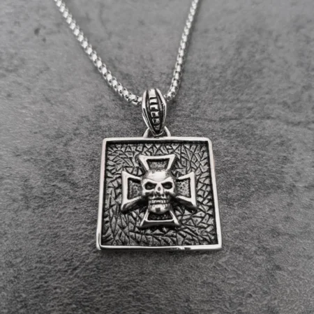Solid 316L stainless steel square Iron Cross skull biker pendant front view