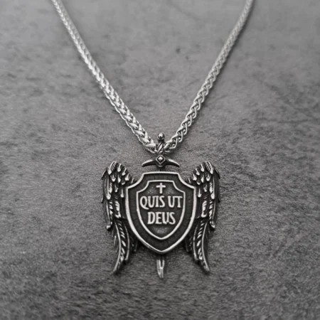 Solid 316L stainless steel St Michael Quis Ut Deus shield biker pendant front view