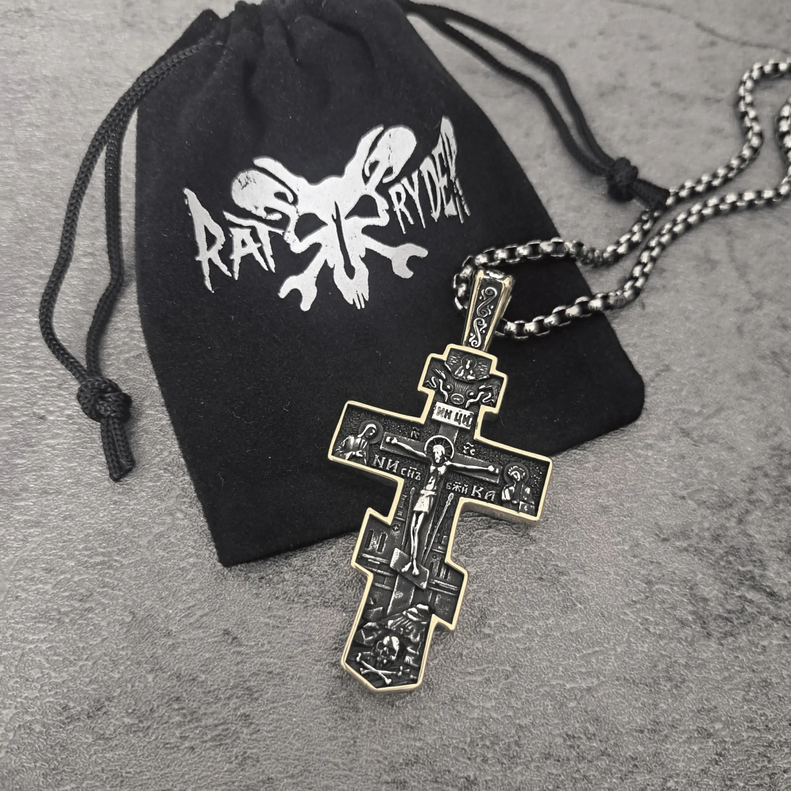 Dark Faith Orthodox Cross – Two Tone Stainless Steel Biker Pendant | RatRyder 4 Solid 316L stainless steel biker pendant Orthodox cross on black RatRyder gift pouch