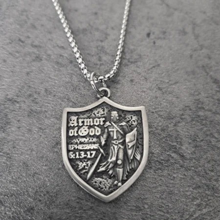 Solid 316L stainless steel Templar Shield Armor of God biker pendant front view