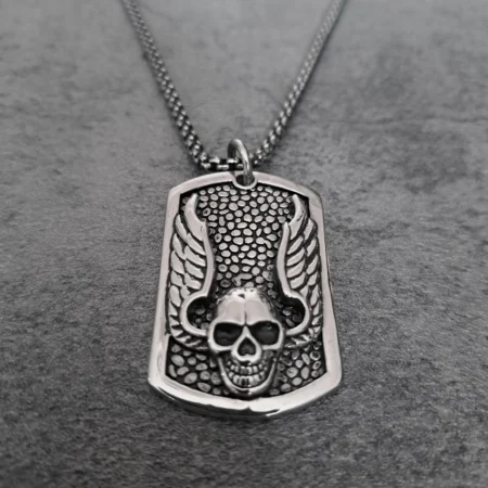 Solid 316L stainless steel winged skull dog tag biker pendant front view