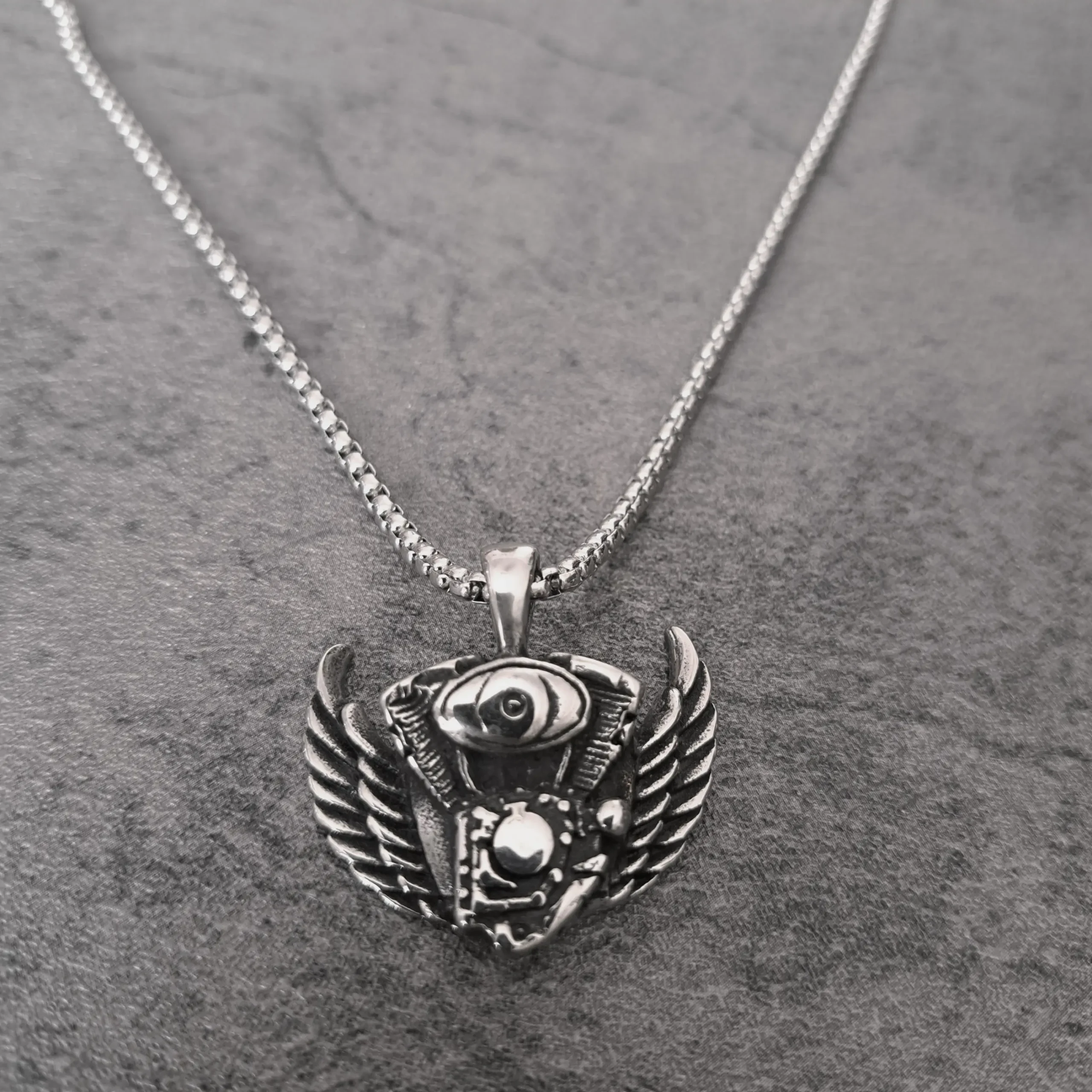Winged V-Twin Engine – 316L Stainless Steel Harley Biker Pendant | RatRyder 1 Solid 316L stainless steel winged Harley V-twin engine biker pendant front view