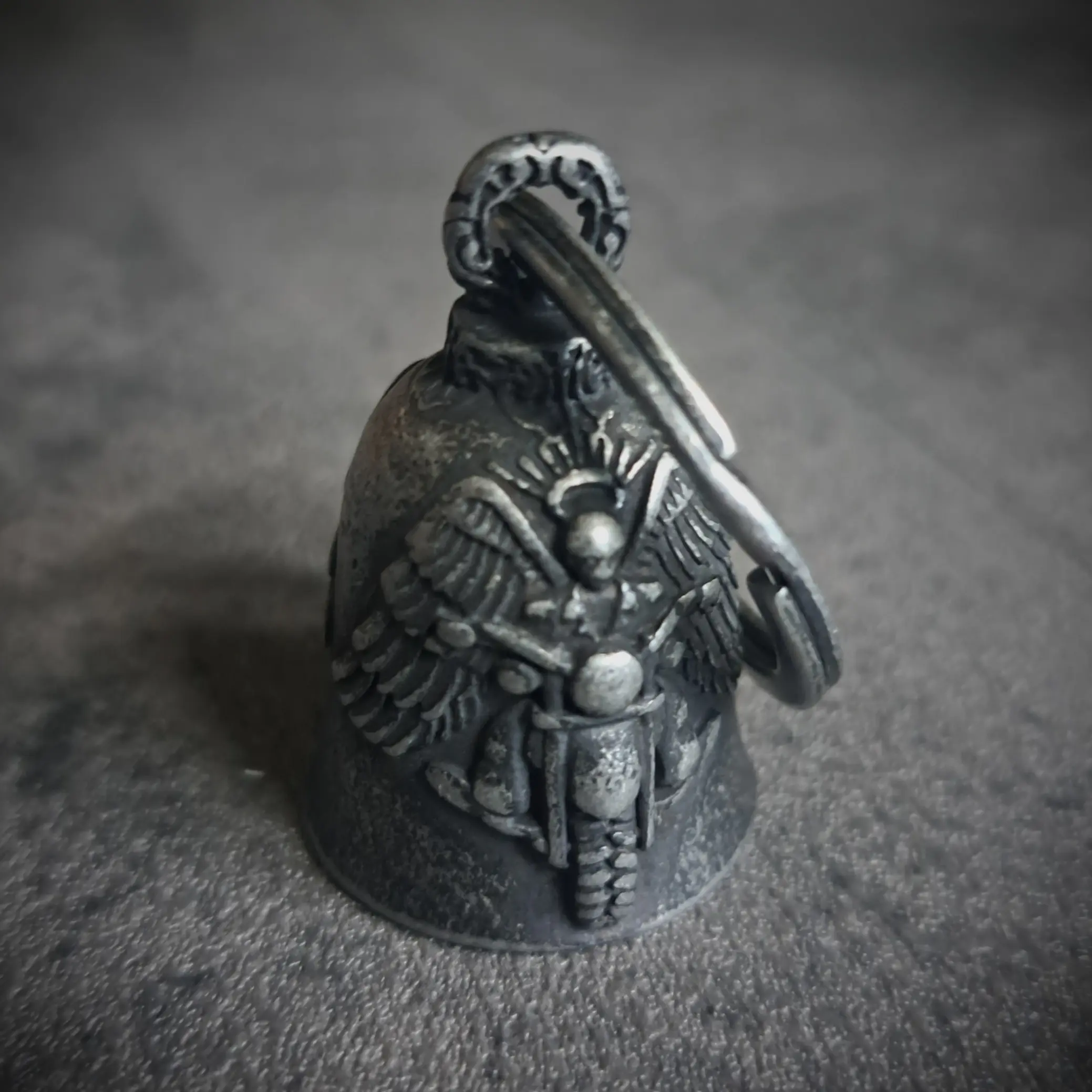 Guardian Angel Motorcycle Bell – Antique 316L Stainless Steel | Rat-Ryder 2 Guardian Angel Gremlin Bell with motorcycle design