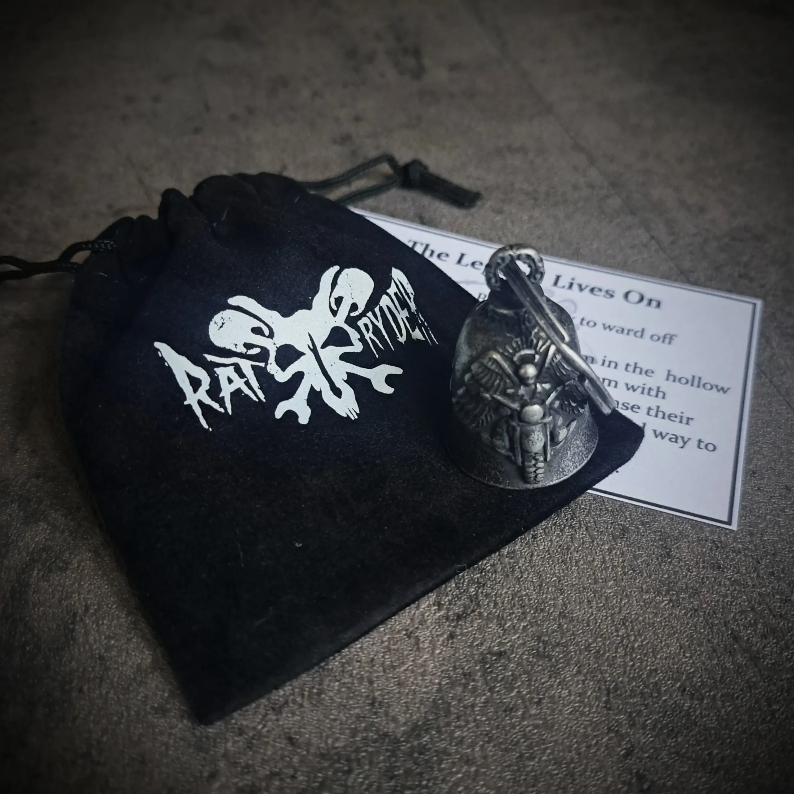 Guardian Angel Motorcycle Bell – Antique 316L Stainless Steel | Rat-Ryder 3 Guardian Angel Motorcycle Bell with Rat-Ryder pouch and legend card