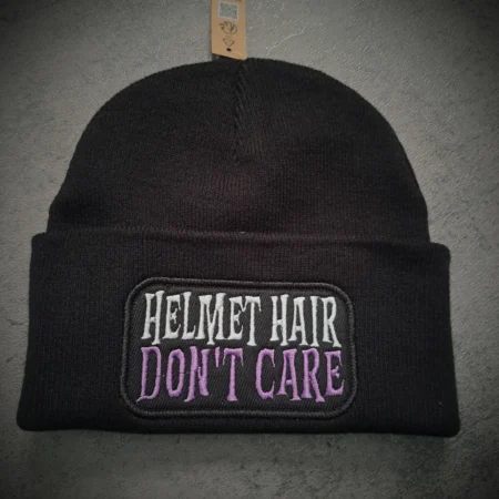 Helmet Hair Don't Care Biker Beanie with white and purple embroidery