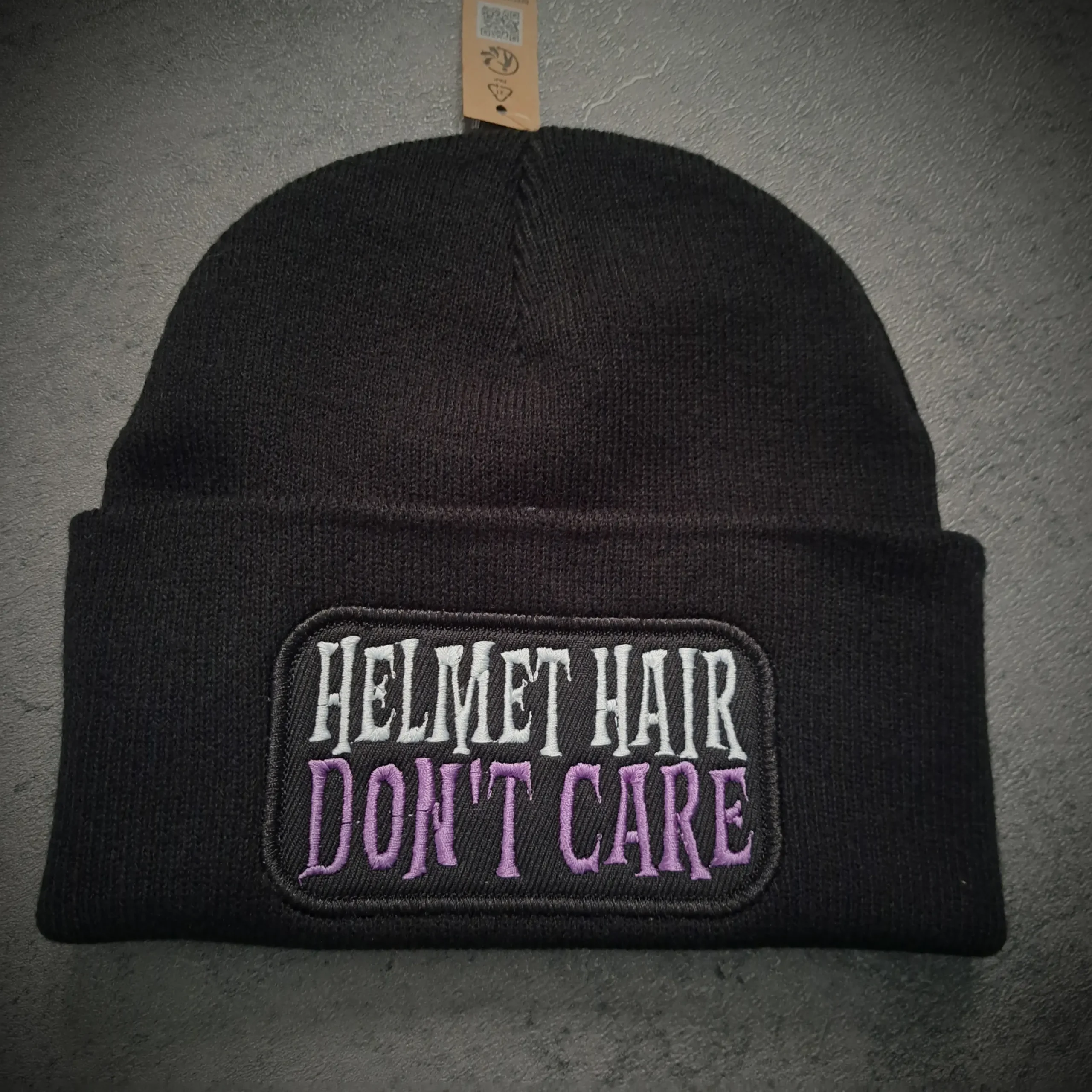 Helmet Hair Don't Care Biker Beanie – Black | Rat-Ryder® 1 Helmet Hair Don't Care Biker Beanie with white and purple embroidery