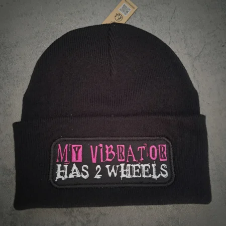 My Vibrator Has 2 Wheels Biker Beanie with pink and white embroidery