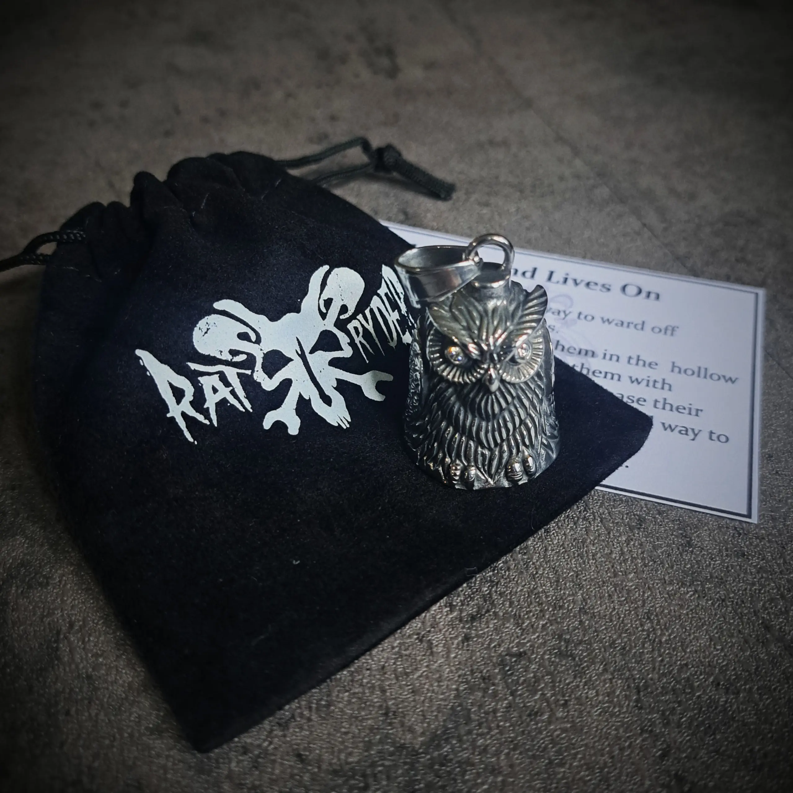 Owl Guardian Bell – 316L Stainless Steel Gremlin Bell | Rat-Ryder 3 Owl Guardian Bell with Rat-Ryder pouch and legend card
