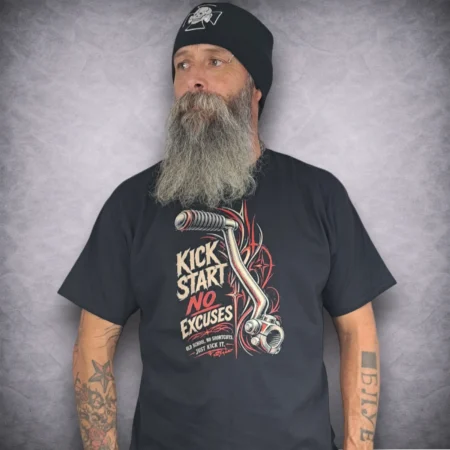 Front view of Rat-Ryder Kick Start No Excuses biker t-shirt featuring custom kickstart lever and hot rod pinstriping print