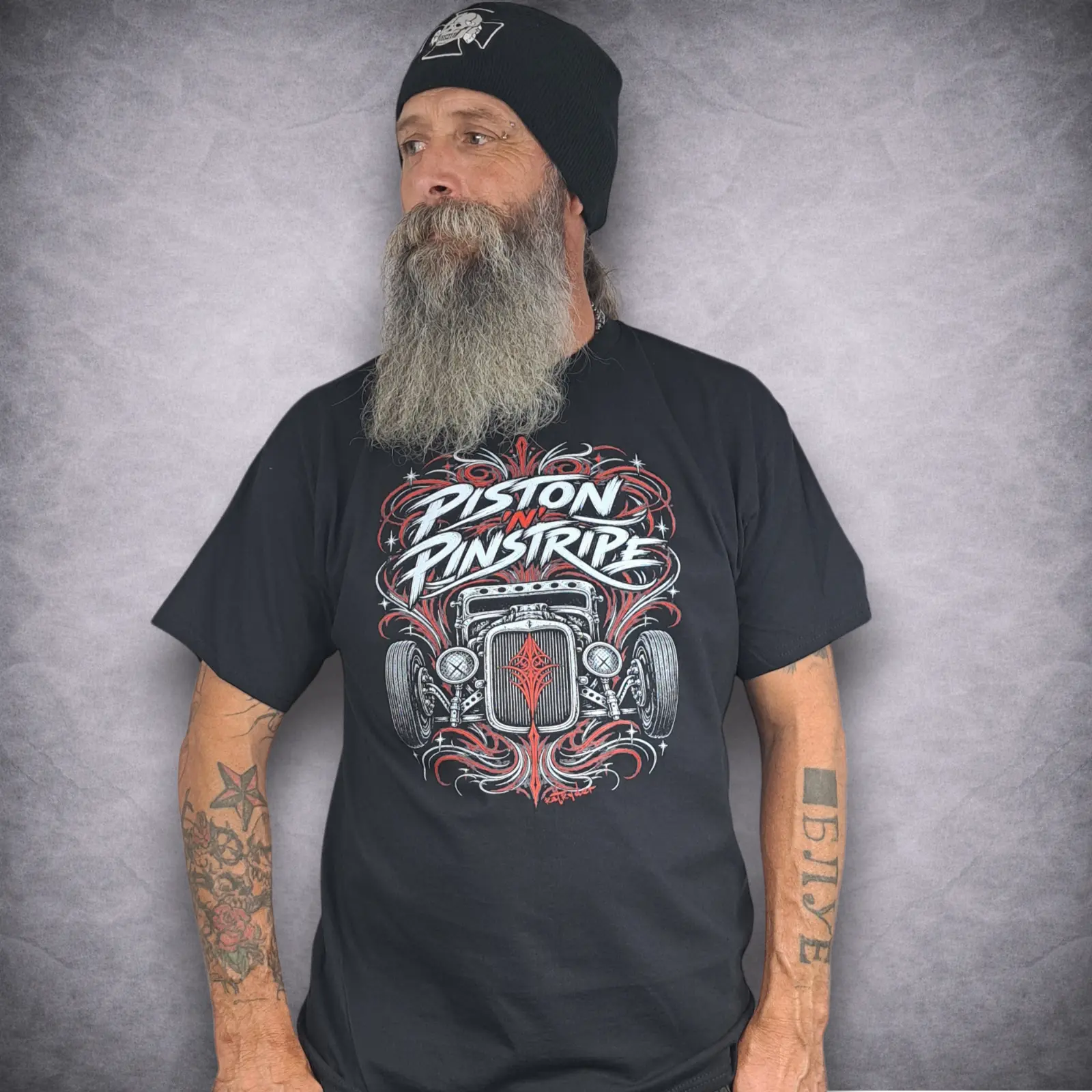 Piston 'N' Pinstripe Hot Rod & Rat Rod T-Shirt – Classic Car & Biker Tee 2 Front view of model wearing Rat-Ryder Piston N Pinstripe hot rod t-shirt with classic vintage coupe graphic print