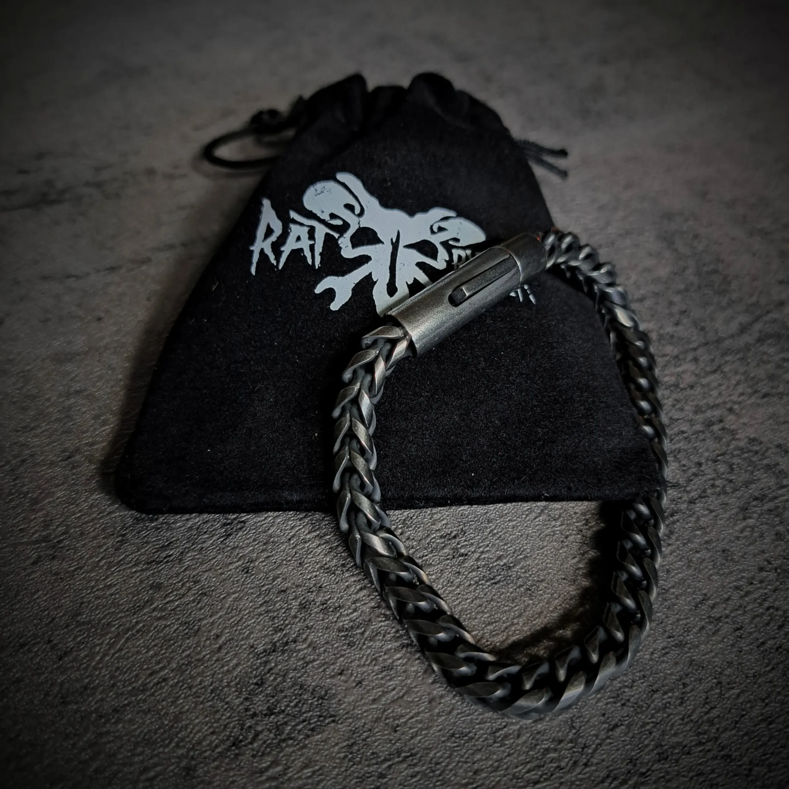 Square Link 316L Stainless Steel Biker Bracelet – Antique Finish | Rat-Ryder 3 Rat-Ryder square link stainless steel biker bracelet with branded pouch