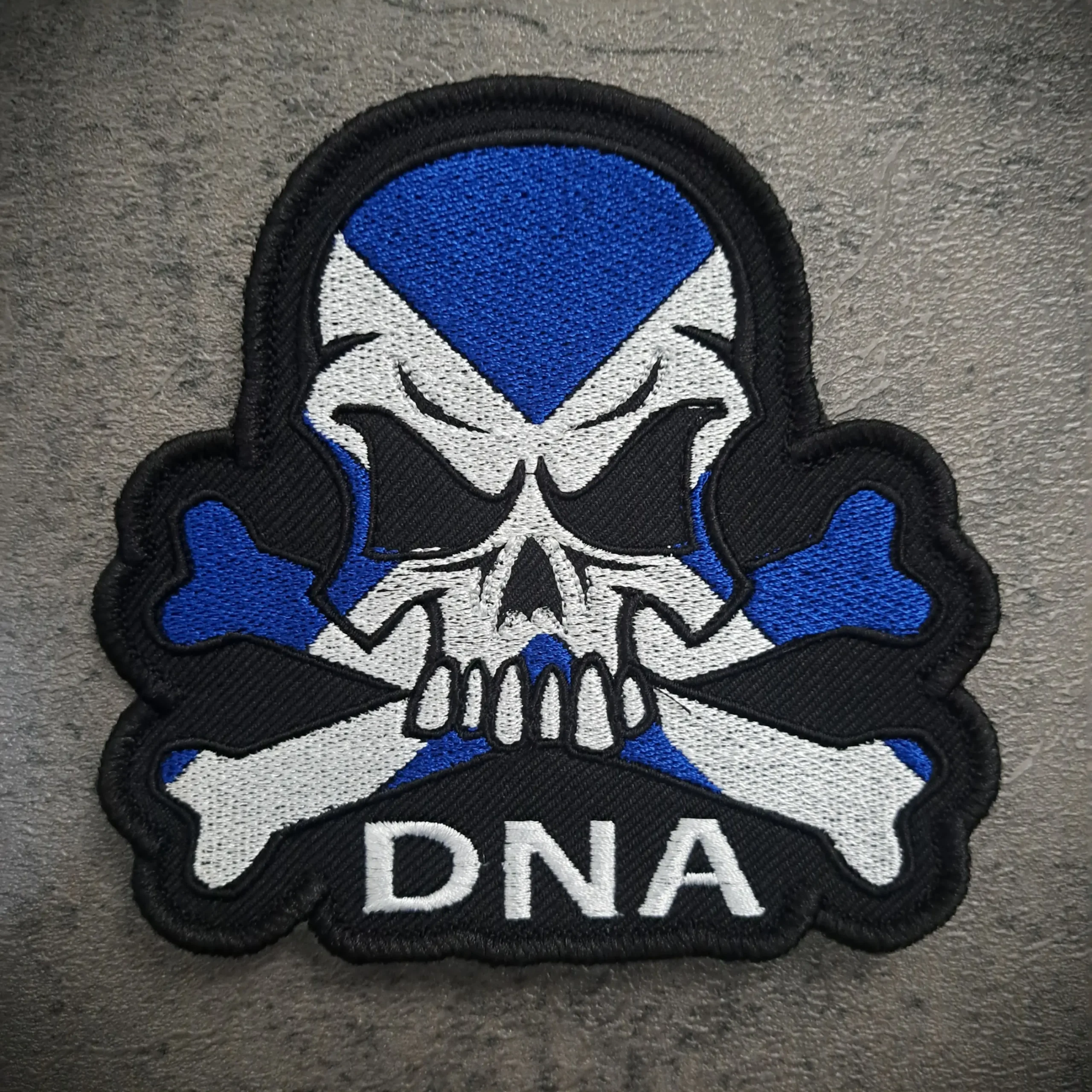 Scotland Flag Skull Embroidered Biker Patch – Sew On | Rat-Ryder 1 Scotland Flag Skull Biker Patch with blue and white Saltire