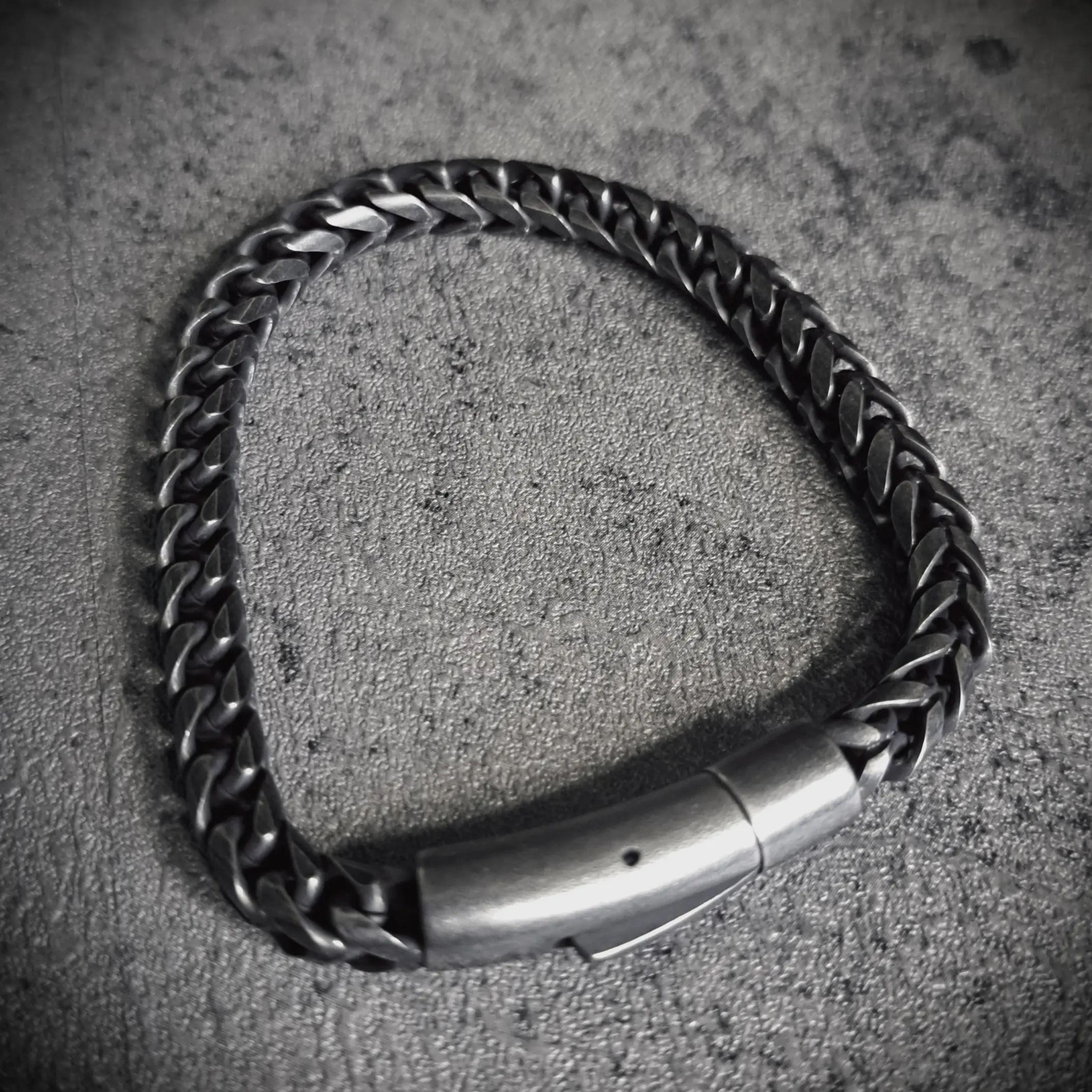 Square Link 316L Stainless Steel Biker Bracelet – Antique Finish | Rat-Ryder 1 Square Link Stainless Steel Bracelet with antique finish and push clasp