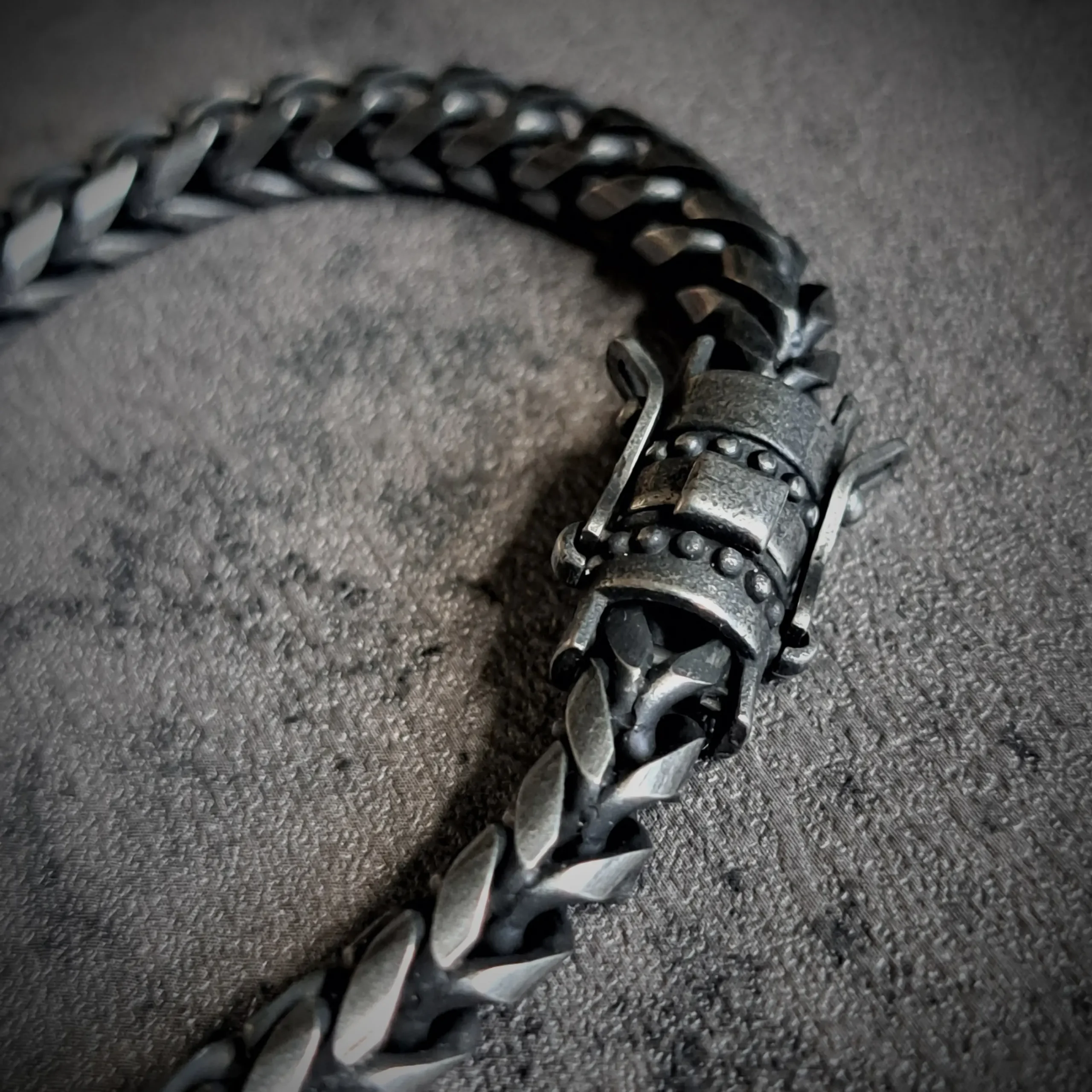 Antique Finish 316L Stainless Steel Square Link Bracelet | Rat-Ryder 2 Antique finish stainless steel bracelet with decorative box clasp