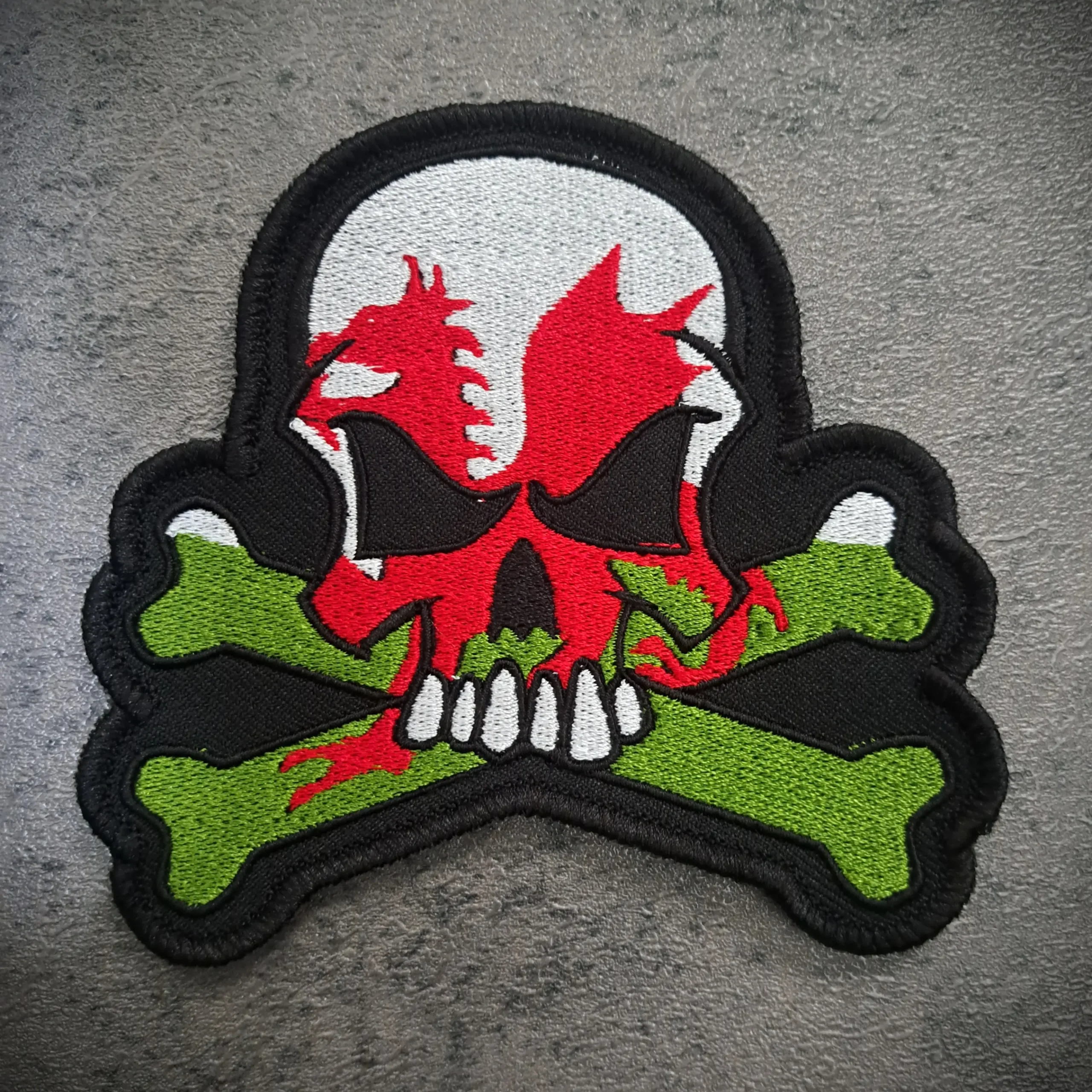 Wales Flag Skull Embroidered Biker Patch – Sew On | Rat-Ryder 1 Wales Flag Skull Biker Patch with red Welsh dragon and crossbones