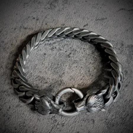 Wolf Head Stainless Steel Bracelet with chunky 12mm chain and antique gunmetal finish