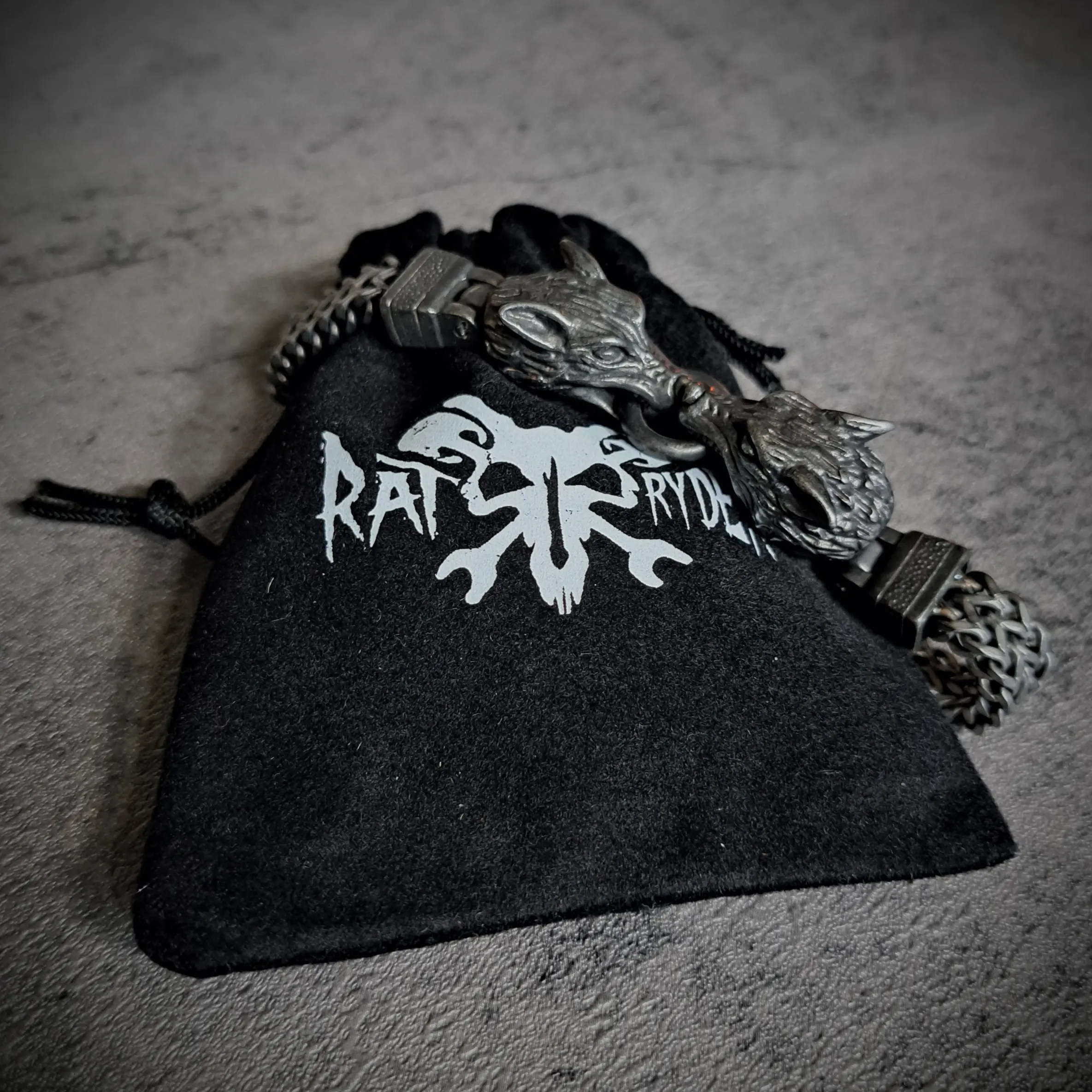 Wolf Head 316L Stainless Steel Bracelet – Braided Chain | Rat-Ryder® 5 Rat-Ryder wolf head stainless steel bracelet with pouch