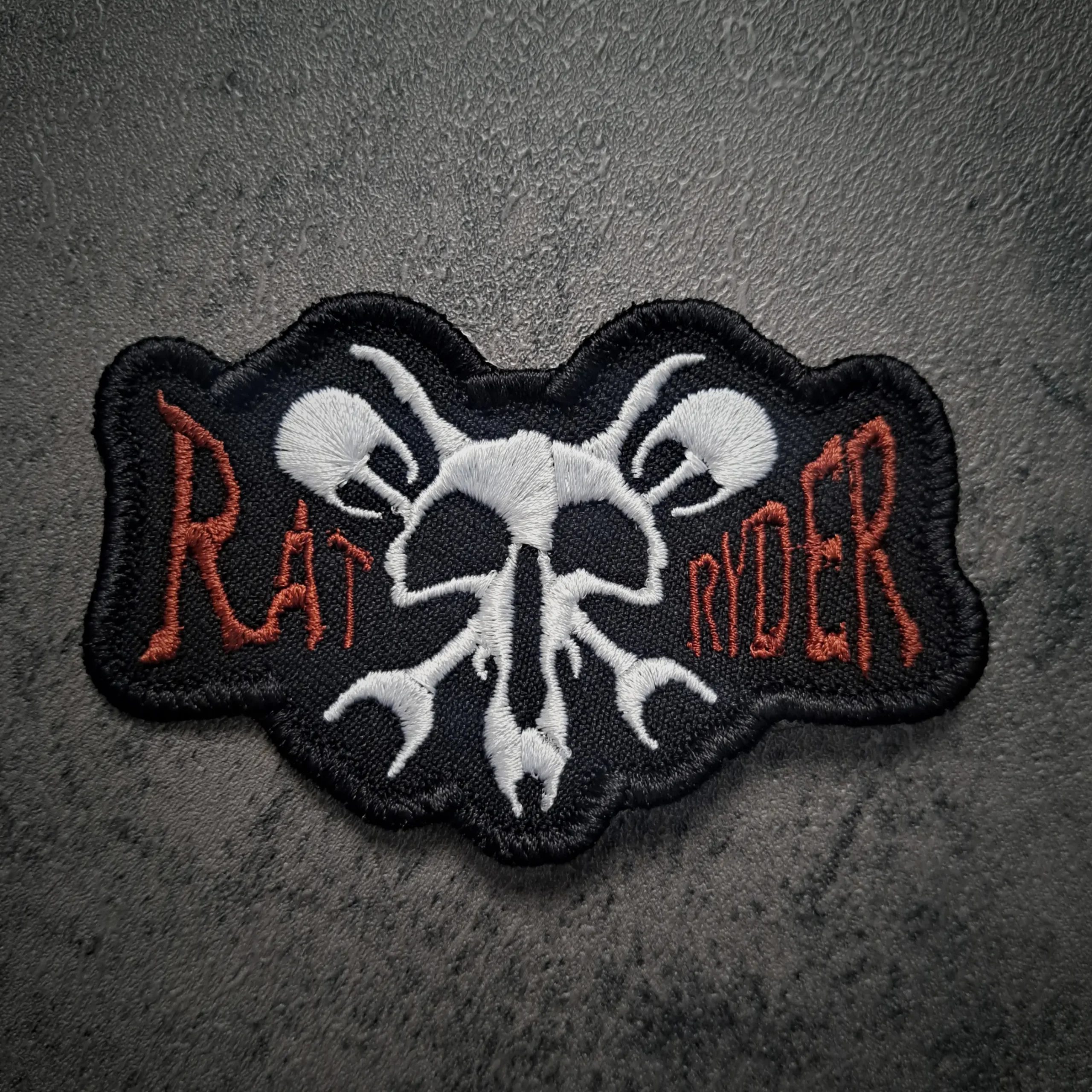Rat Skull and Pistons Biker Patch – Rat-Ryder® Embroidered Patch 1 Rat Skull and Pistons Biker Patch close-up